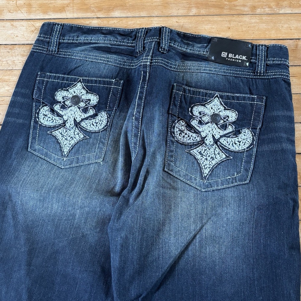 VTG Embroidered Cross Pockets Low Rise Bootcut Jeans Grunge Skate y2k Mens 38x32